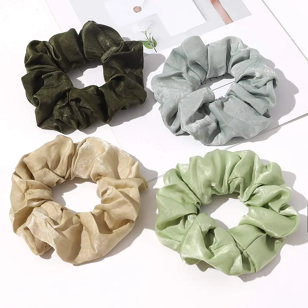 Ivyu Silk Satin Scrunchies for Women - 4-Pack, Gray Dark Green Light Green Beige | Gentle Hold for All Hair Types - view 7