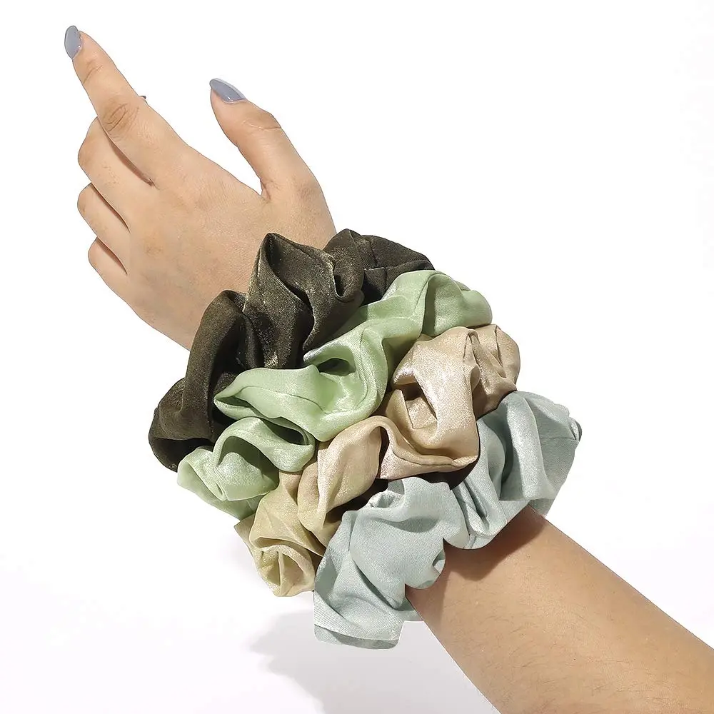 Ivyu Silk Satin Scrunchies for Women - 4-Pack, Gray Dark Green Light Green Beige | Gentle Hold for All Hair Types - view 2