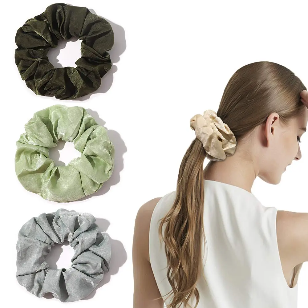 Ivyu Silk Satin Scrunchies for Women - 4-Pack, Gray Dark Green Light Green Beige | Gentle Hold for All Hair Types - view 3