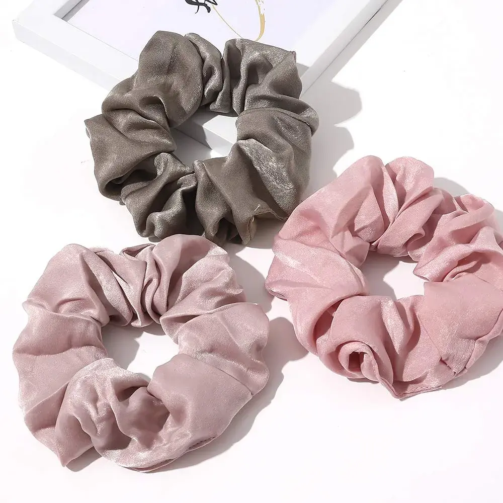 Ivyu Silk Satin Scrunchies - No Crease Hair Ties for Women, Thick Hair Ponytail Holders with Soft Elastic Bands (4 Count, Gray Pink Light Pink Light Purple) - view 6