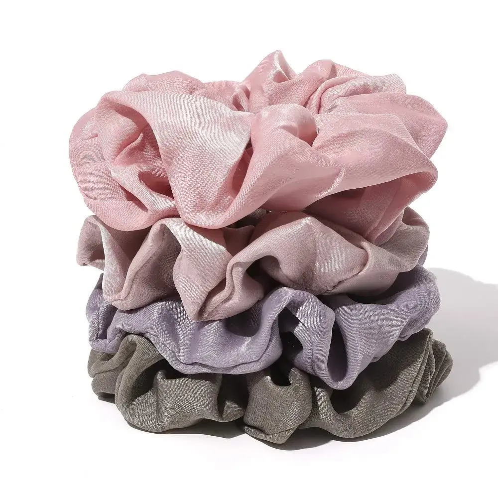 Ivyu Silk Satin Scrunchies - No Crease Hair Ties for Women, Thick Hair Ponytail Holders with Soft Elastic Bands (4 Count, Gray Pink Light Pink Light Purple) - view 3