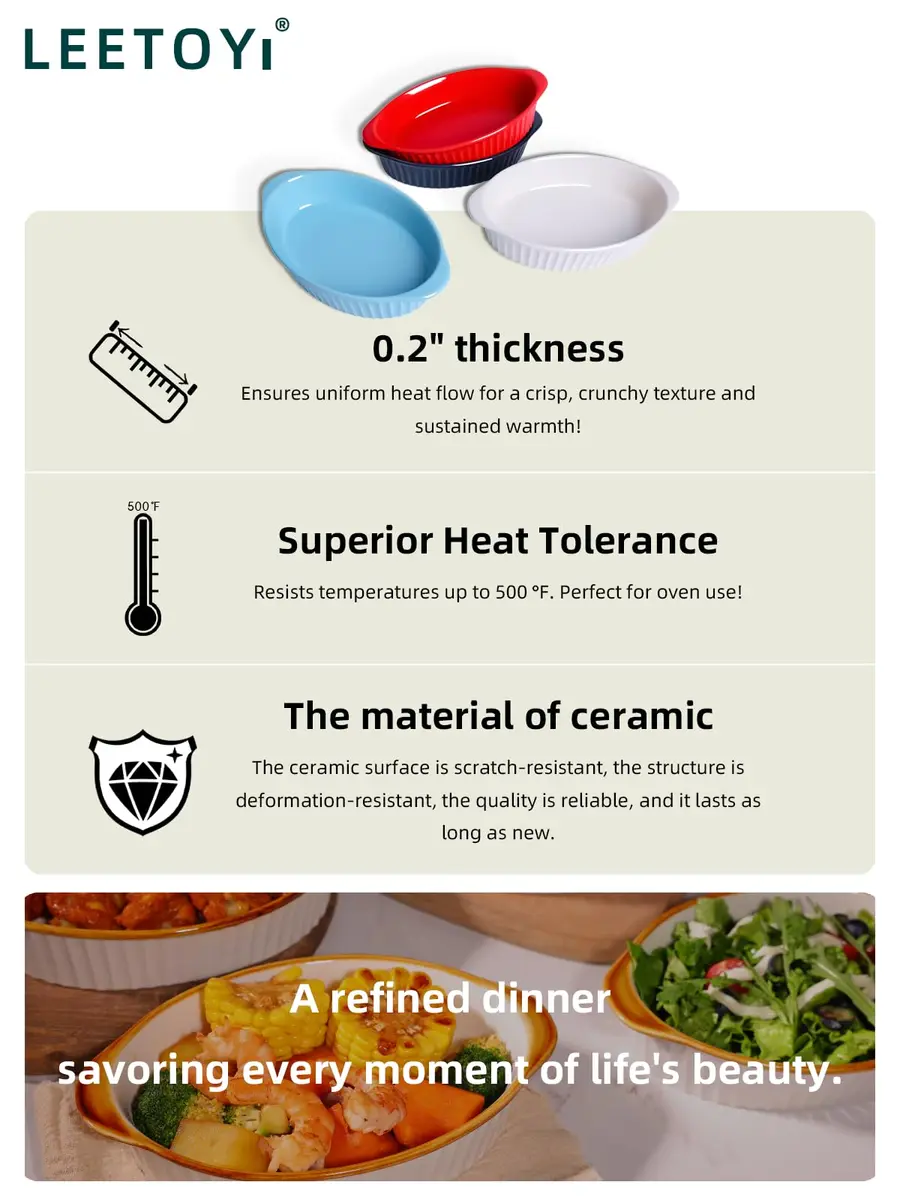 LEETOYI Porcelain Small Oval Au Gratin Pans, Baking Dish Set for 1 or 2 person servings, Bakeware with Double Handle for Kitchen and Home, Set of 2 (White) | Oven & Microwave Safe - view 6