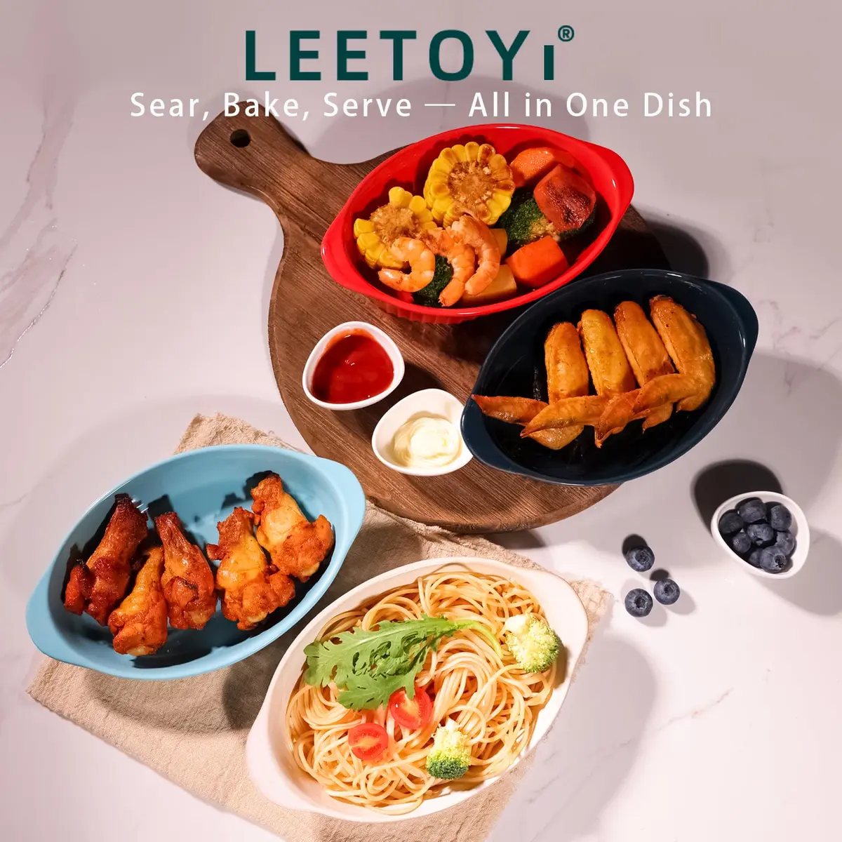 LEETOYI Porcelain Small Oval Au Gratin Pans, Baking Dish Set for 1 or 2 person servings, Bakeware with Double Handle for Kitchen and Home, Set of 2 (White) | Oven & Microwave Safe - view 3