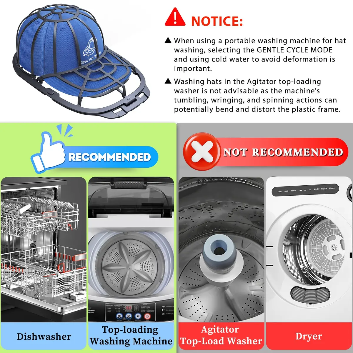 Eiito Hat Washer for Washing Machine, 2 Pack Hats Cleaner | Durable, Fits Adult & Kids Hats, Dishwasher & Portable Use - view 6