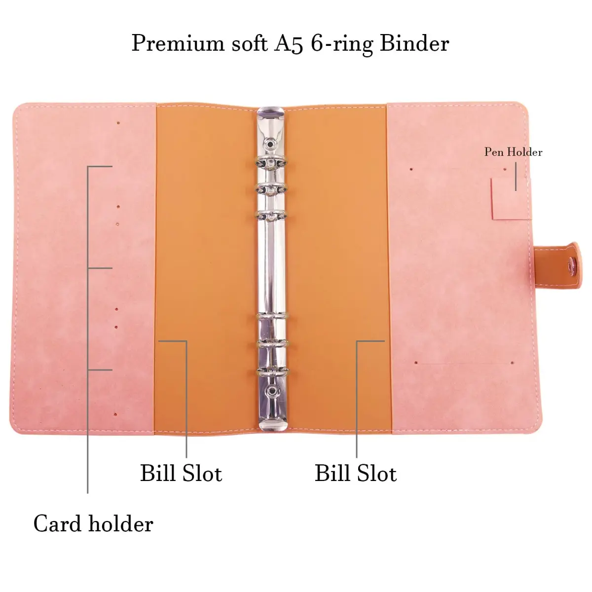 tutata A5 PU Leather Notebook Binder Pink 18.3 cm (7.2 in) | Refillable 6-Ring Cover for A5 Filler Paper - view 2