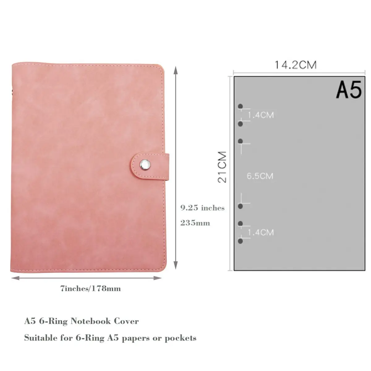 tutata A5 PU Leather Notebook Binder Pink 18.3 cm (7.2 in) | Refillable 6-Ring Cover for A5 Filler Paper - view 3