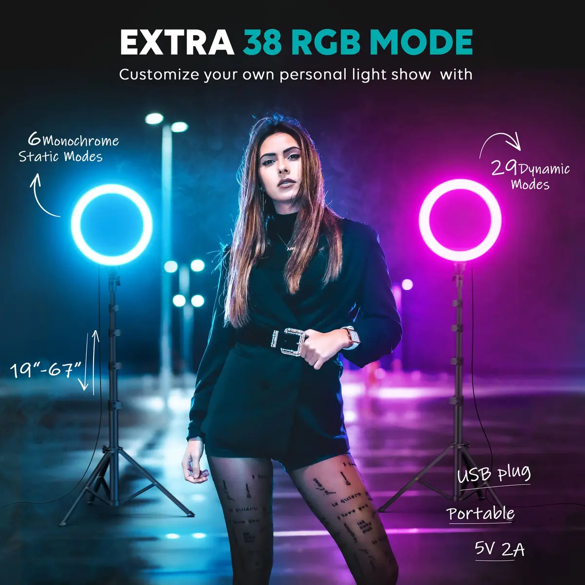 Weilisi 10" Ring Light with Stand 72'' Tall & Phone Holder | 38 Color Modes Selfie Light with Tripod, Dimmable, Speed Control, for YouTube & Makeup - view 5