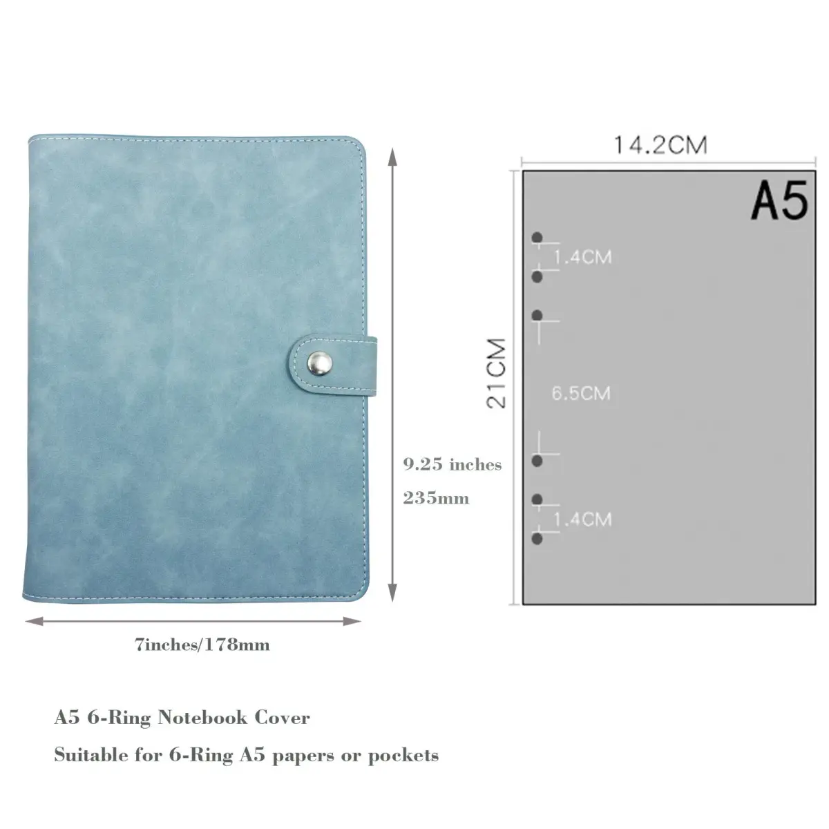 tutata A5 PU Leather Notebook Binder Cover, Refillable 6-Ring, Cyan | Holds 80-100 Sheets - view 3