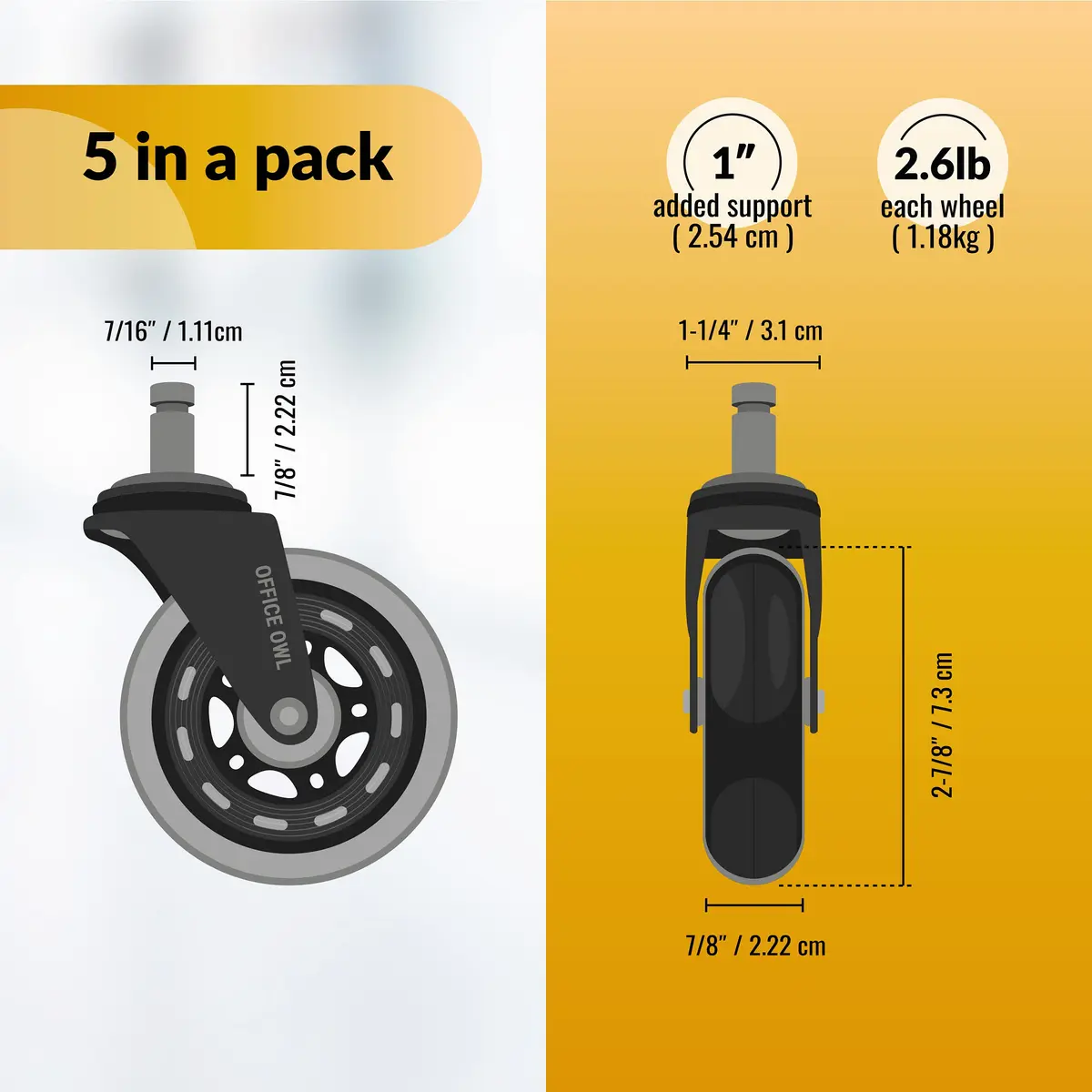 OFFICE OWL 5 Pack Office Chair Wheels | Universal Replacement Casters for Desk Chairs, Steel, 2.27kg (5lb), Black - view 4