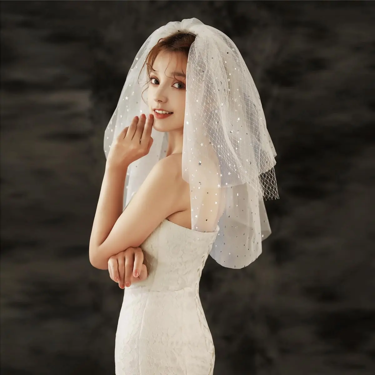 Aularso Ivory Wedding Veil 3-Tier Bridal Veil for Women | Short Elegant Bridal Accessory - view 2