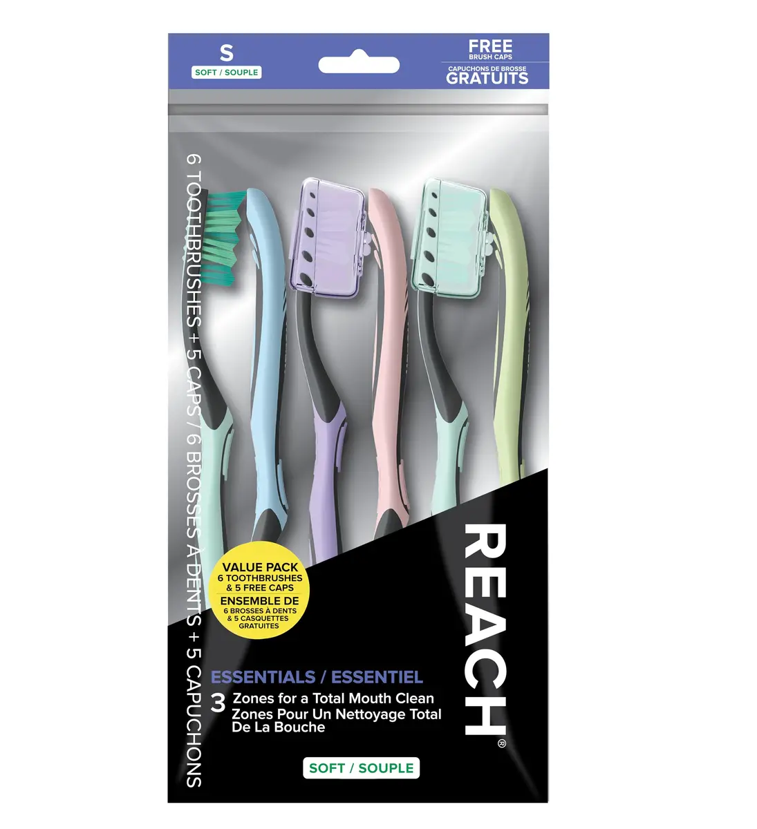 Reach Essentials Soft Toothbrushes with Toothbrush Caps, 6 Count | Bi-Level Bristles & Tongue Scraper - main product image