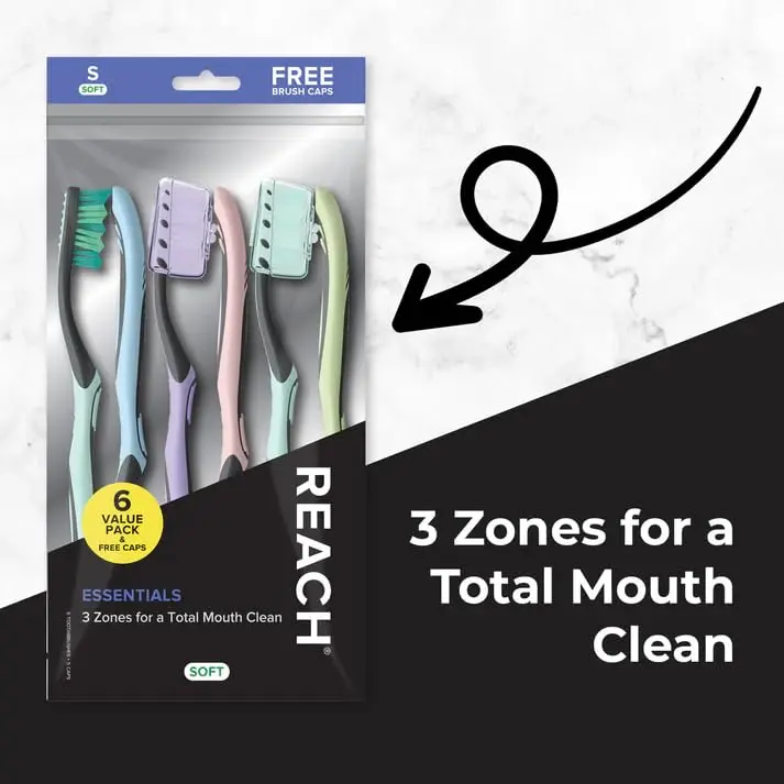 Reach Essentials Soft Toothbrushes with Toothbrush Caps, 6 Count | Bi-Level Bristles & Tongue Scraper - view 3