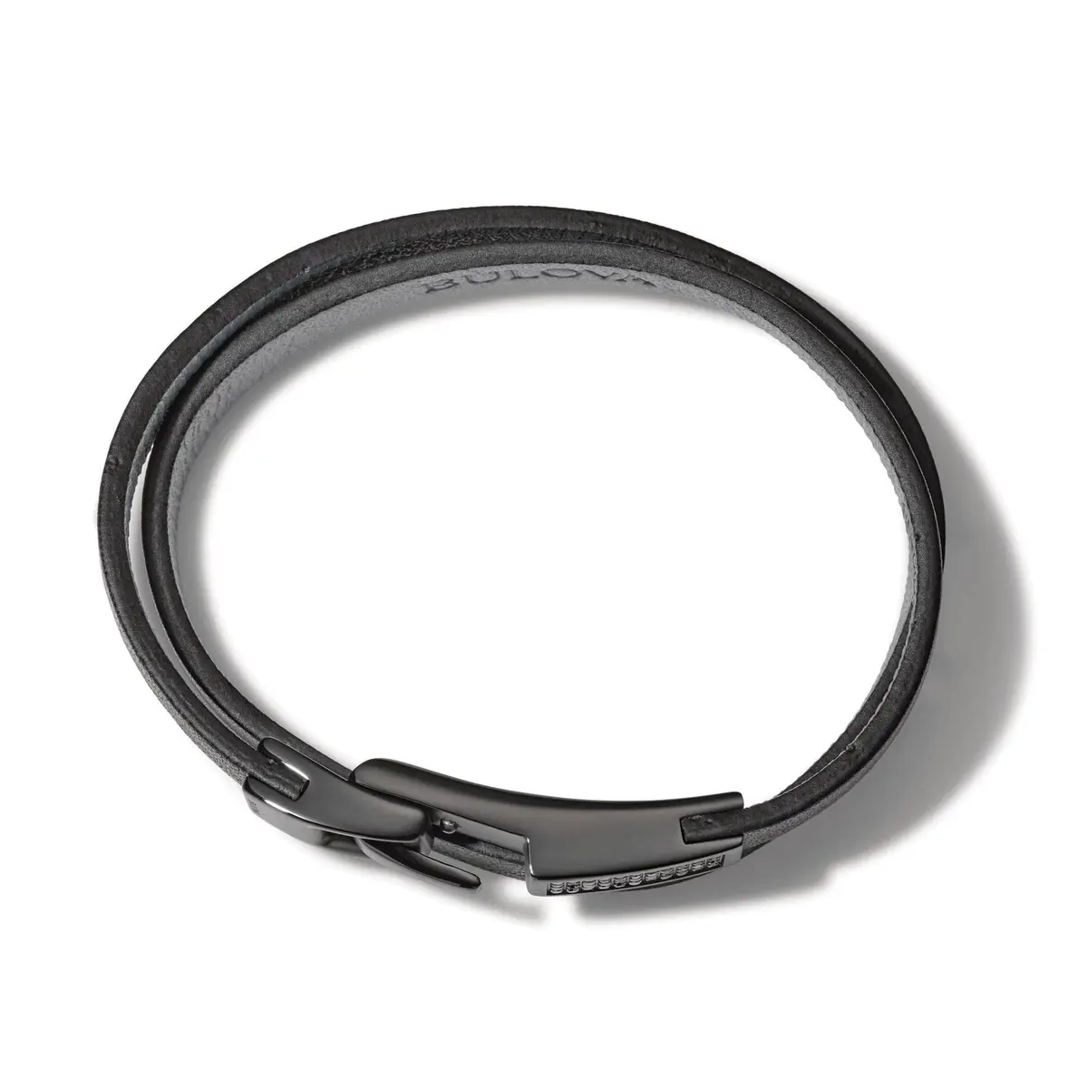 Bulova Jewelry Men's Latin Grammy Double Wrap Black Leather Bracelet with Diamonds and Clasp Closure | 7.5-8 inch Large - view 2