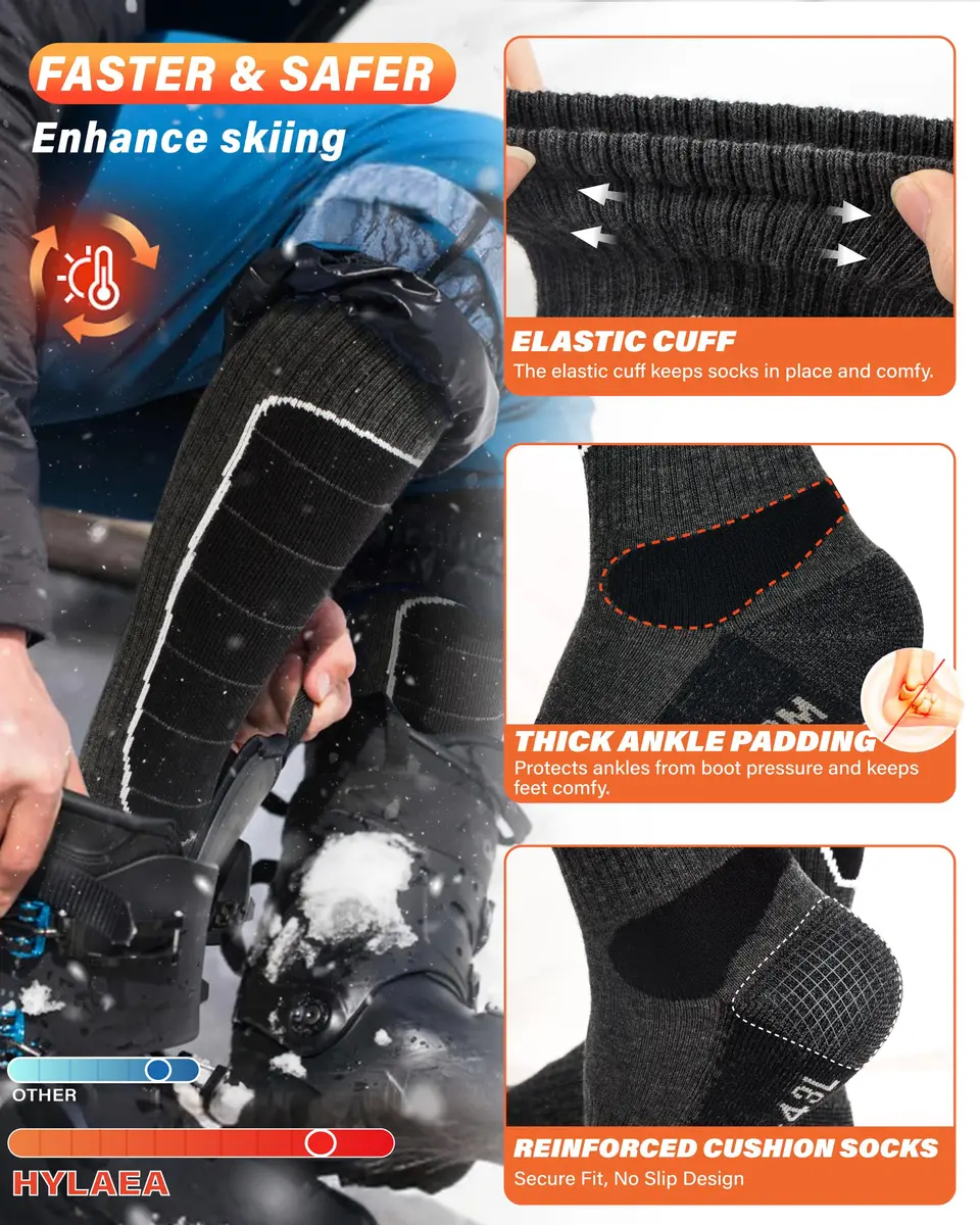 Hylaea Unisex Knee High Merino Wool Ski Snowboard Socks, Cushioning & Warm | Thermal, Moisture Wicking, Cushioned, Compression - view 5