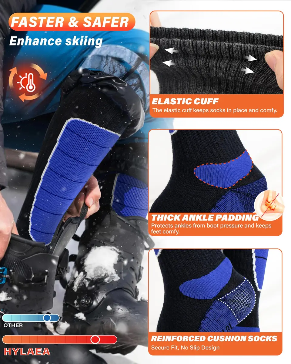Hylaea Merino Wool Cold Weather Socks for Ski, Snowboarding, Snow, Winter, Knee-high Warm Socks, Thermal, Cushioned, Moisture Wick, Hunting, Cycling (Medium, Red Blue Green) - view 5