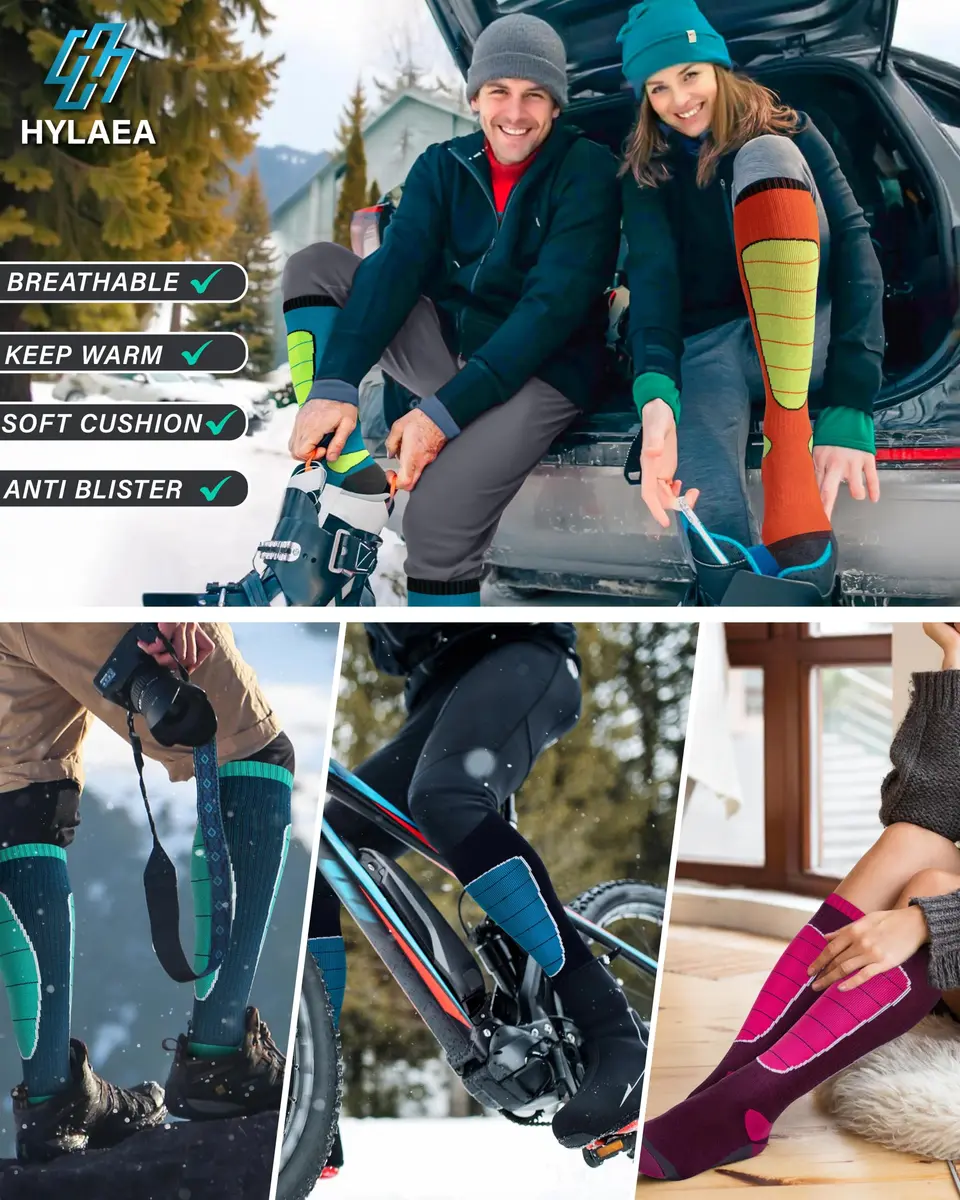 Hylaea Merino Wool Cold Weather Socks for Ski, Snowboarding, Snow, Winter, Knee-high Warm Socks, Thermal, Cushioned, Moisture Wick, Hunting, Cycling (Medium, Red Blue Green) - view 2
