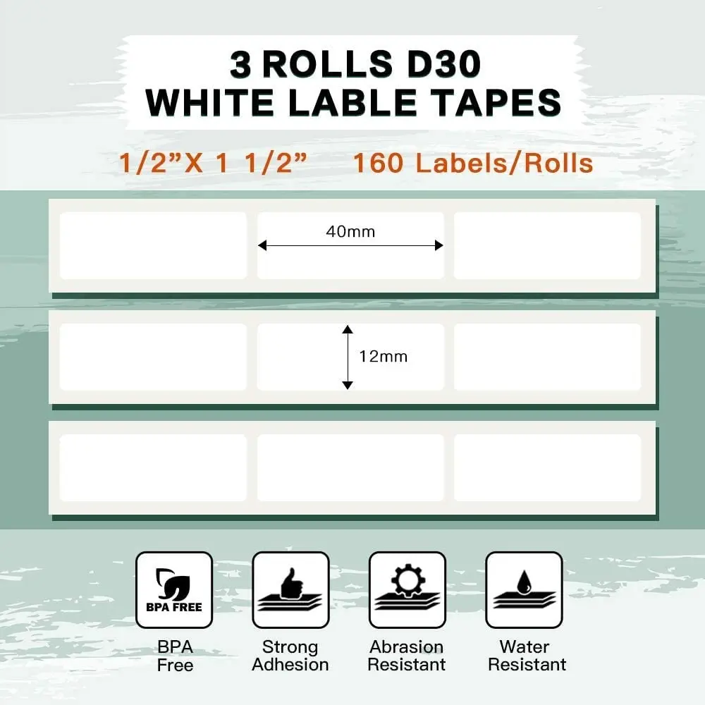 Phomemo Labels-D30 Adhesive Thermal White Label Paper 12mm x 40mm | Water & Abrasion Resistant, BPA Free (70-120 chars) - view 2