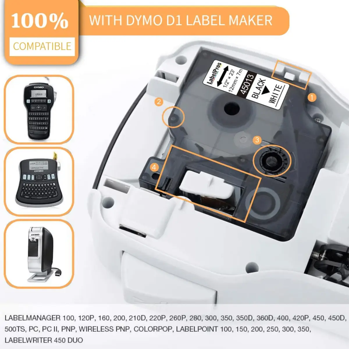 LabelPros Compatible Dymo D1 Label Tape 45013 12mm x 7m Black on White (6 Refills) | Laminated & Durable for LabelManager - view 2