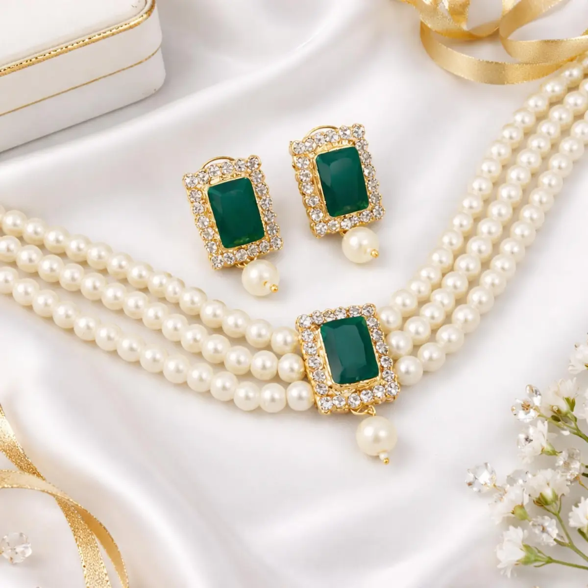I Jewels Traditional Indian Wedding Bollywood Stone Pearl Choker Necklace & Earring Set Style 26 | 26 cm Necklace Length, 65 g Weight - view 2