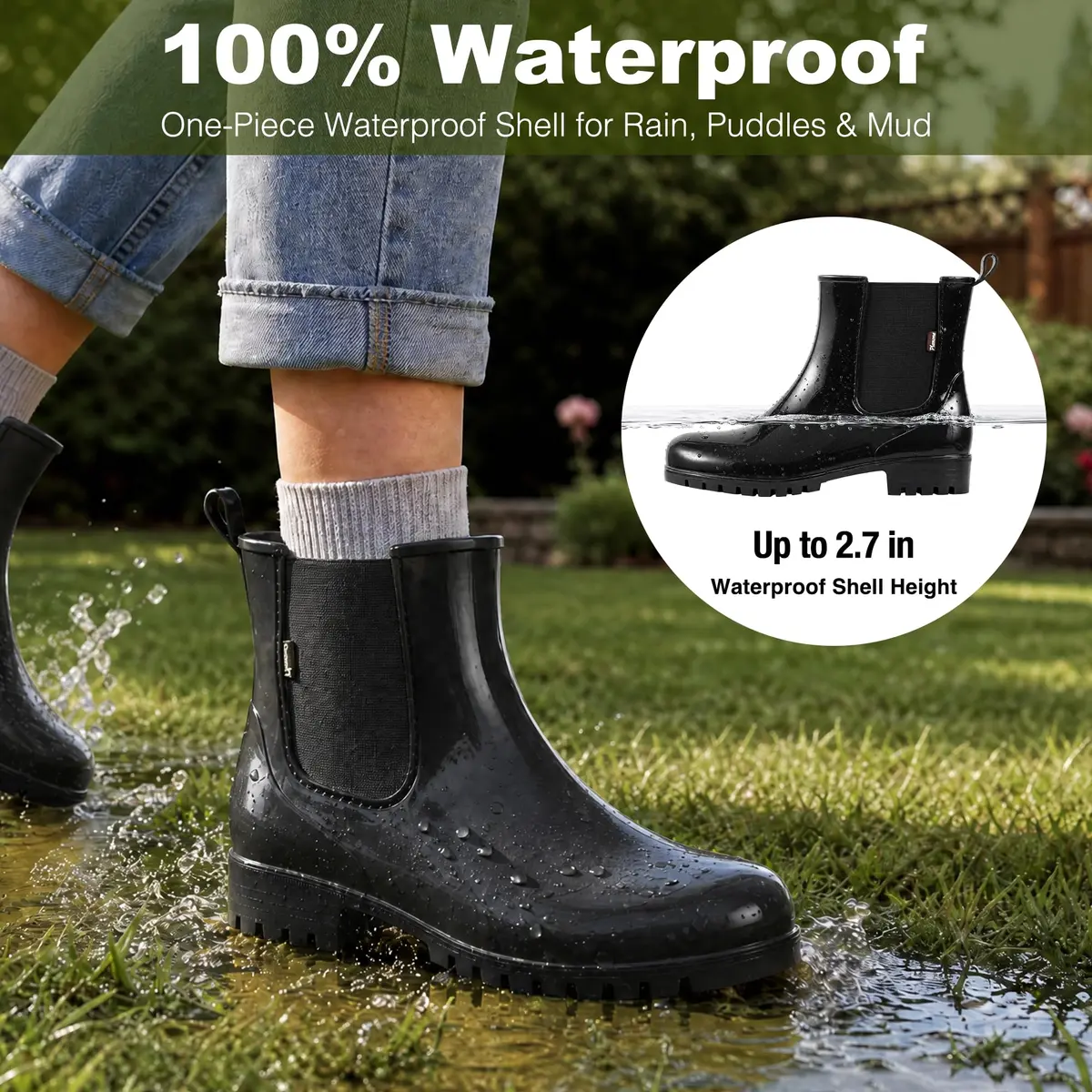 planone Black Chelsea Rain Boots for Women | Waterproof Ankle Height 24.1 cm (9.5 Inches) with Slip-Resistant Sole - view 4