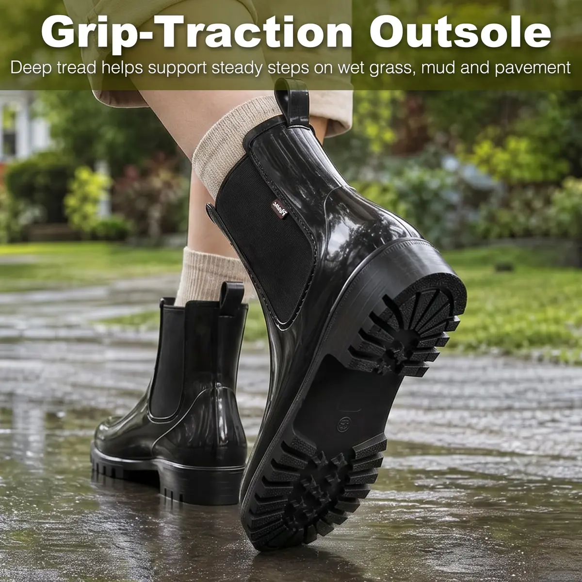 planone Black Chelsea Rain Boots for Women | Waterproof Ankle Height with Non-Slip Sole - view 7