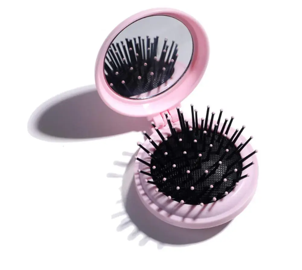 AKOAK Pink Folding Massage Comb with Mirror & Airbag Cushion, 6.5cm | Detangles & Massages Scalp - main product image