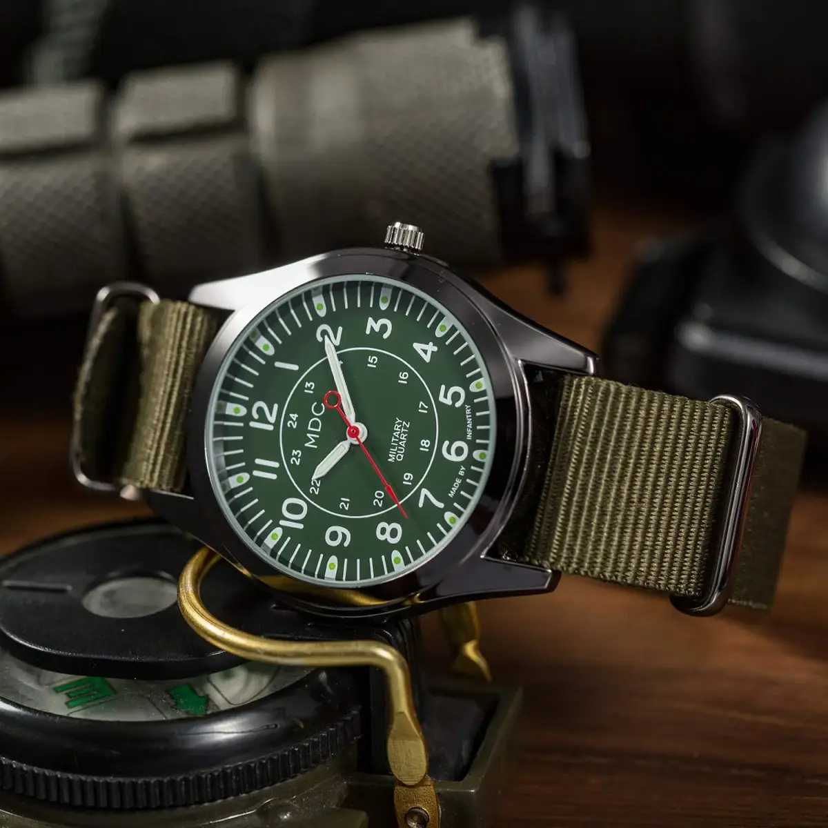 Infantry MDC Mens Military Field Watch 40mm Green Dial Olive Nylon Strap | Japanese Quartz Movement - view 5