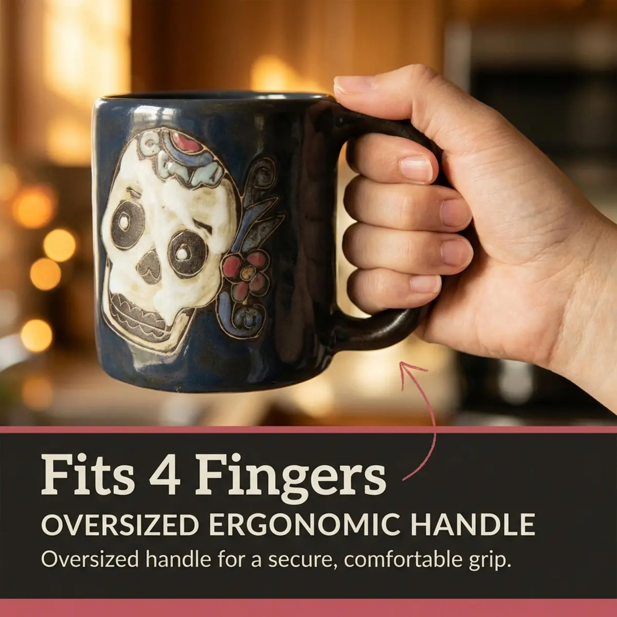 Stoneware Mara Day of the Dead Sugar Skull Mug 16oz | Handcrafted Ceramic Art (120 chars) - view 2