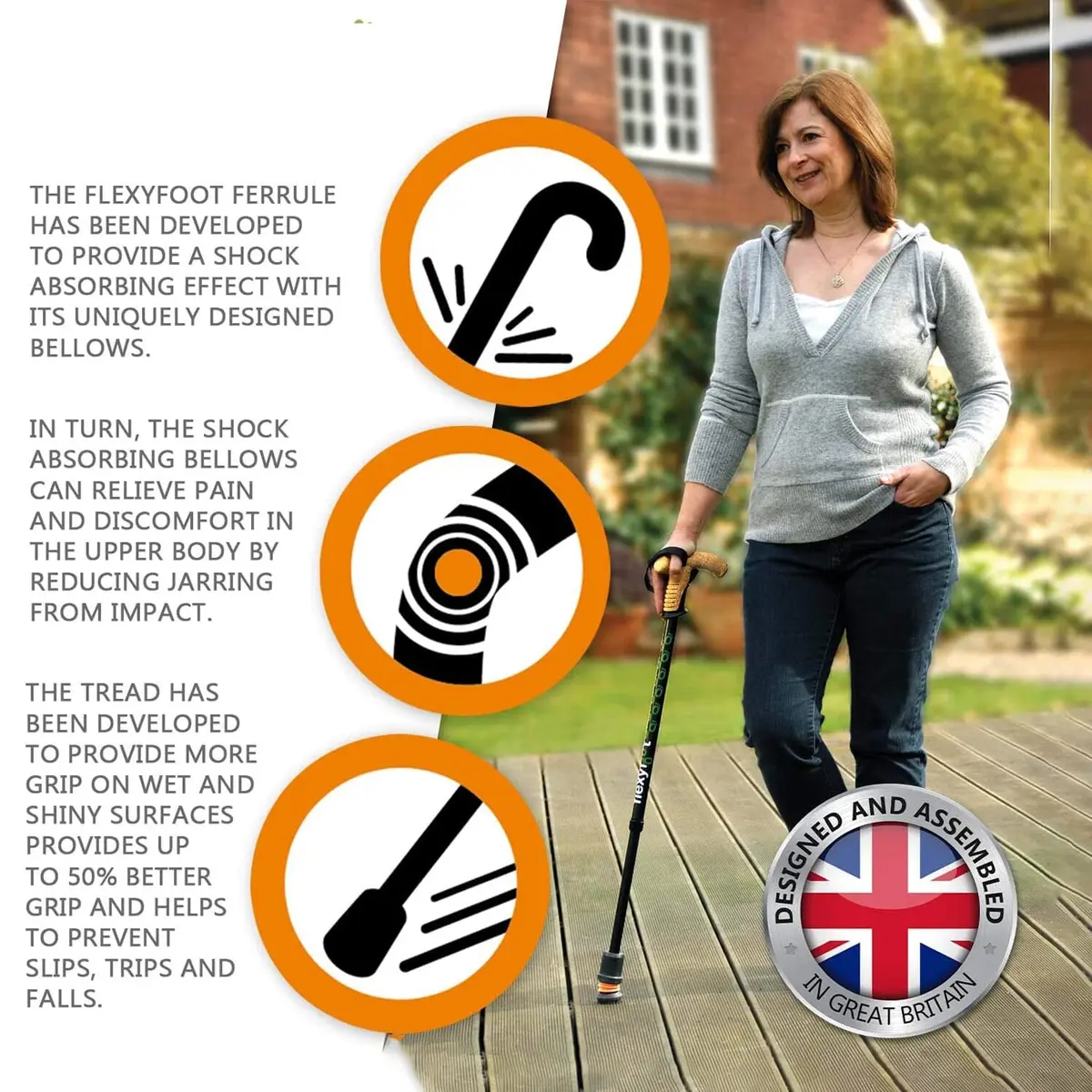 Flexyfoot Shock Absorbing Cork Handle Walking Stick – Improved Comfort, Grip & Safety, Height Adjustable, Orange - view 6