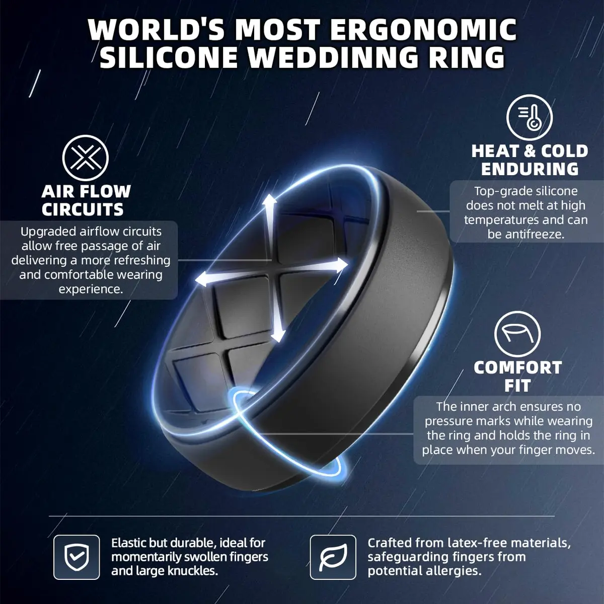 Egnaro Men's Silicone Wedding Ring Set Size 6 (10mm Wide) | Breathable Inner Arcs for Active Lifestyles - view 2