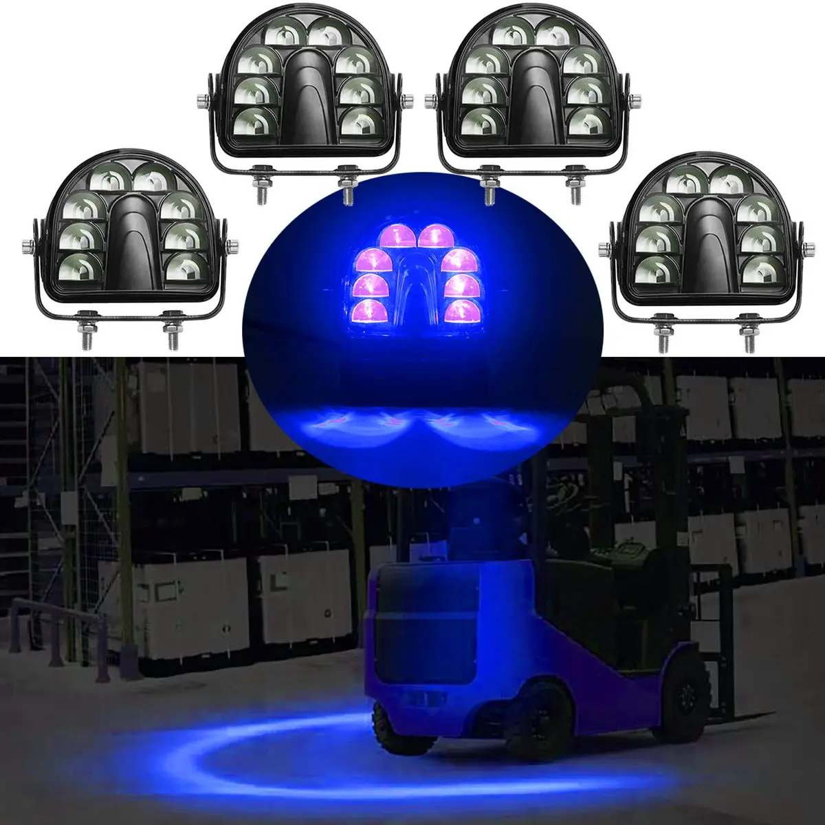 ONERAY Blue Arc LED Forklift Safety Light 4-Pack (20W per light, DC10-80V) | Warehouse Pedestrian Warning Zone Spotlight - main product image