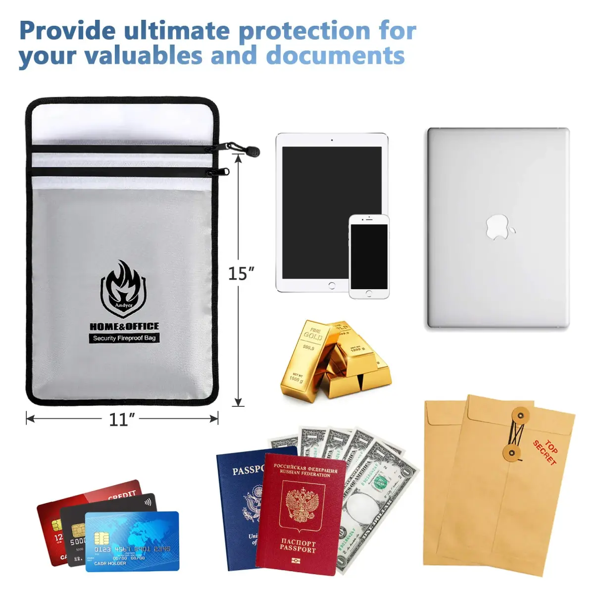 Andyer Fireproof Document Bag 38cm x 28cm (15"x11") | UL Certified Fire & Water Resistant - view 6