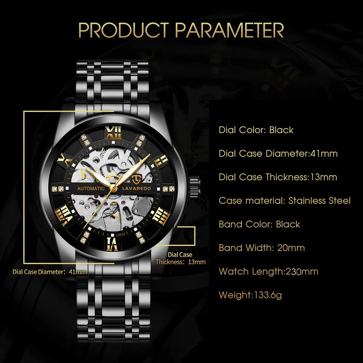 A ALPS Automatic Mechanical Watch for Men, 41mm Stainless Steel Skeleton Dial, 30M Water Resistant | Luxury Self-Winding Wristwatch - view 6