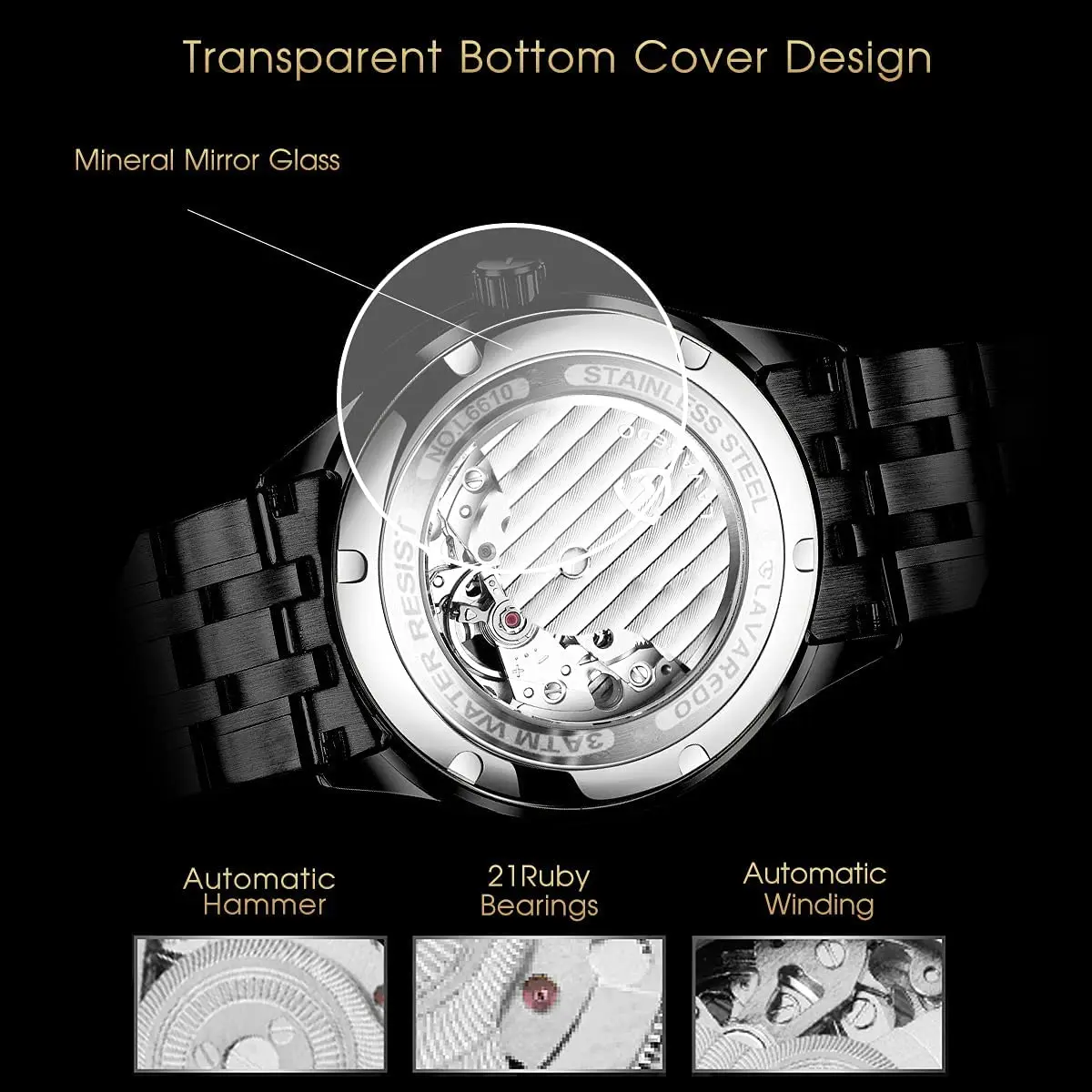 A ALPS Automatic Mechanical Watch for Men, 41mm Stainless Steel Skeleton Dial, 30M Water Resistant | Luxury Self-Winding Wristwatch - view 4