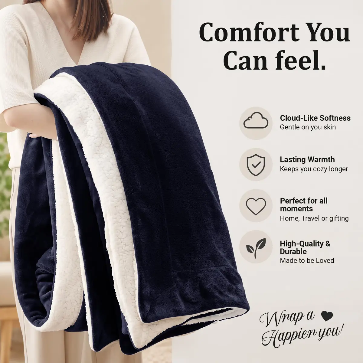 IR Imperial Rooms Twin Sherpa Blanket 60x80" Navy | Reversible Cozy Warmth for Year-Round Use - view 8
