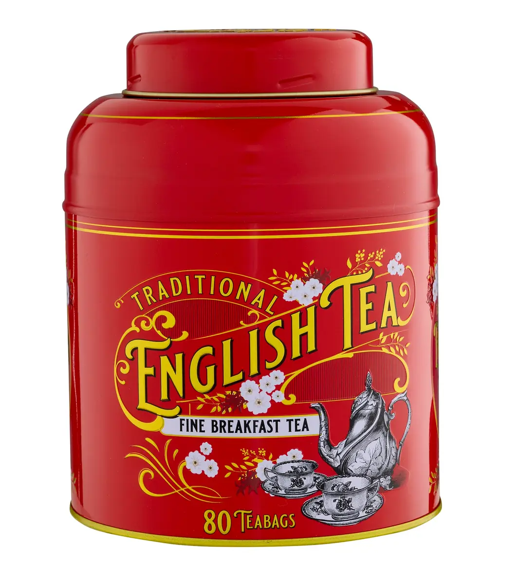 New English Teas Vintage Victorian Tea Caddy with 80 English Teabags (Red) | Classic Victorian Style, 80 Signature Teabags, Removable Lid - main product image