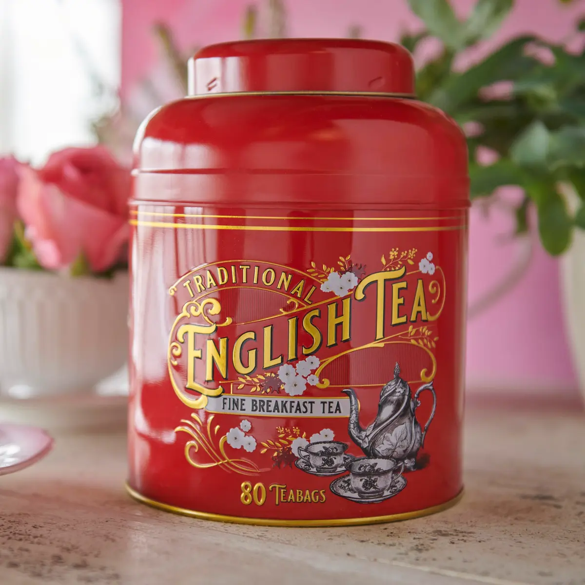 New English Teas Vintage Victorian Tea Caddy with 80 English Teabags (Red) | Classic Victorian Style, 80 Signature Teabags, Removable Lid - view 4