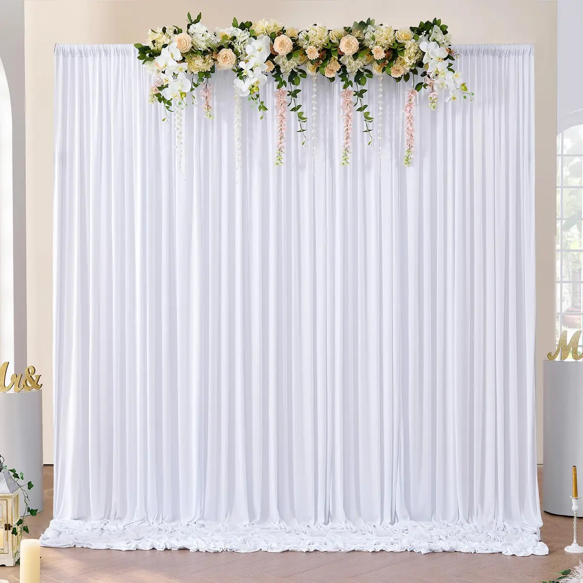 NSSONBEN 10x10 ft Wrinkle Free White Backdrop Curtains for Parties, Polyester Photo Backdrop Drapes 2 Panels 5x10ft for Wedding Birthday Party Photography Background Indoor Outdoor - main product image