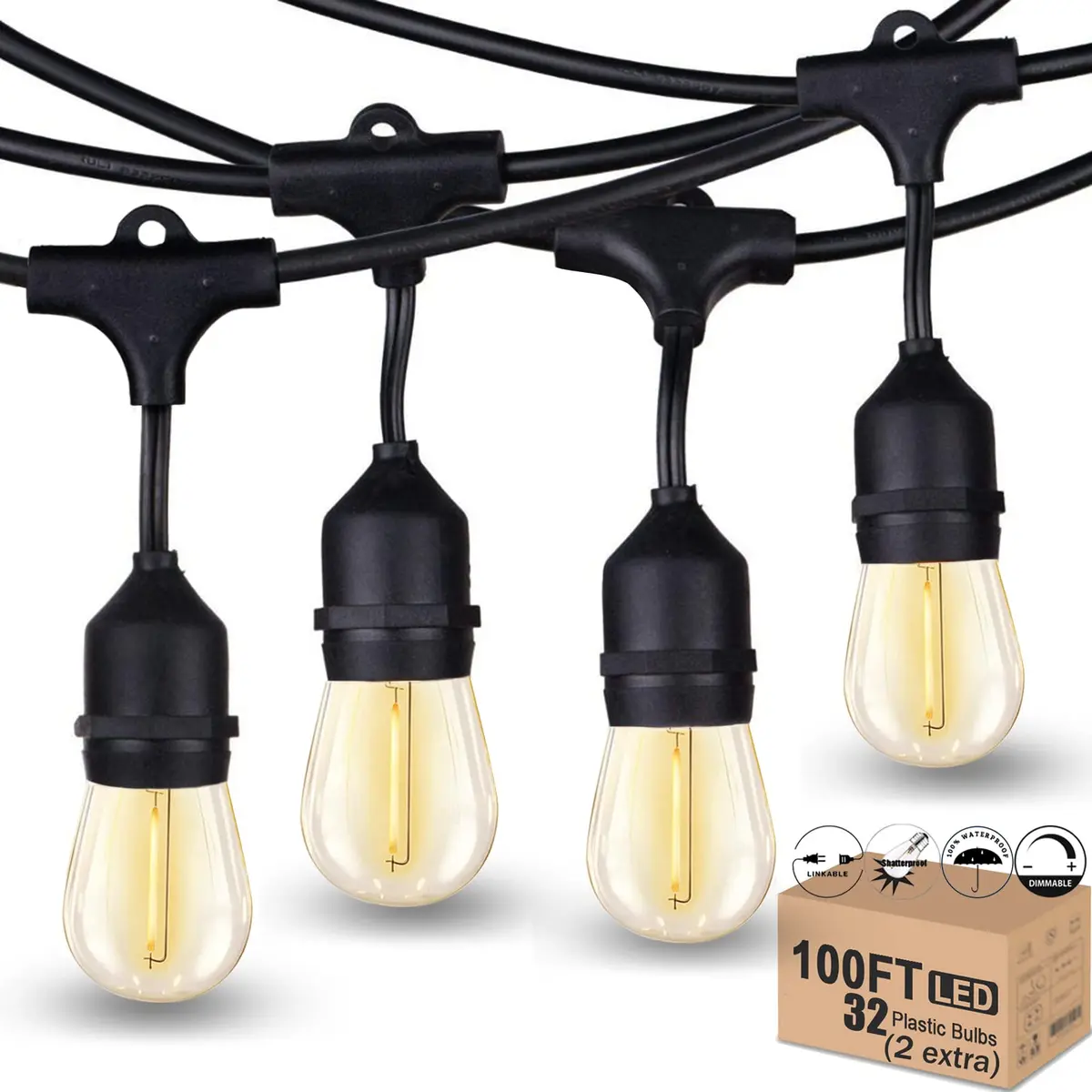 Meidaoduo Outdoor String Lights LED 100FT with 32 Dimmable Shatterproof Bulbs | Heavy-Duty Waterproof Patio Lights - main product image