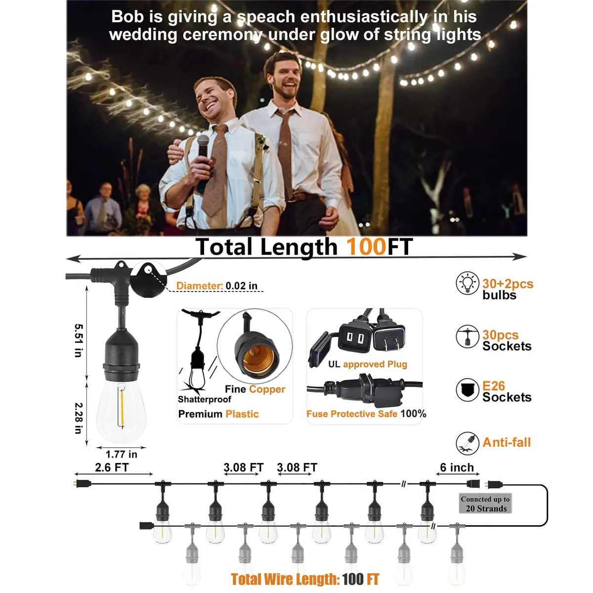 Meidaoduo Outdoor String Lights LED 100FT with 32 Dimmable Shatterproof Bulbs | Heavy-Duty Waterproof Patio Lights - view 2