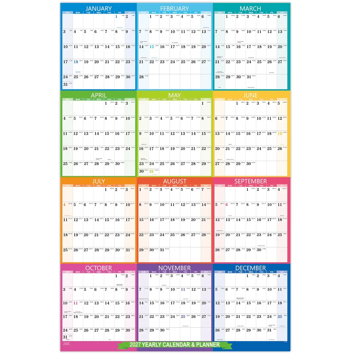 Artfan 2027 Yearly Wall Calendar | Large Colorful 34.8" x 22.8" | Full Year with Holidays - main product image