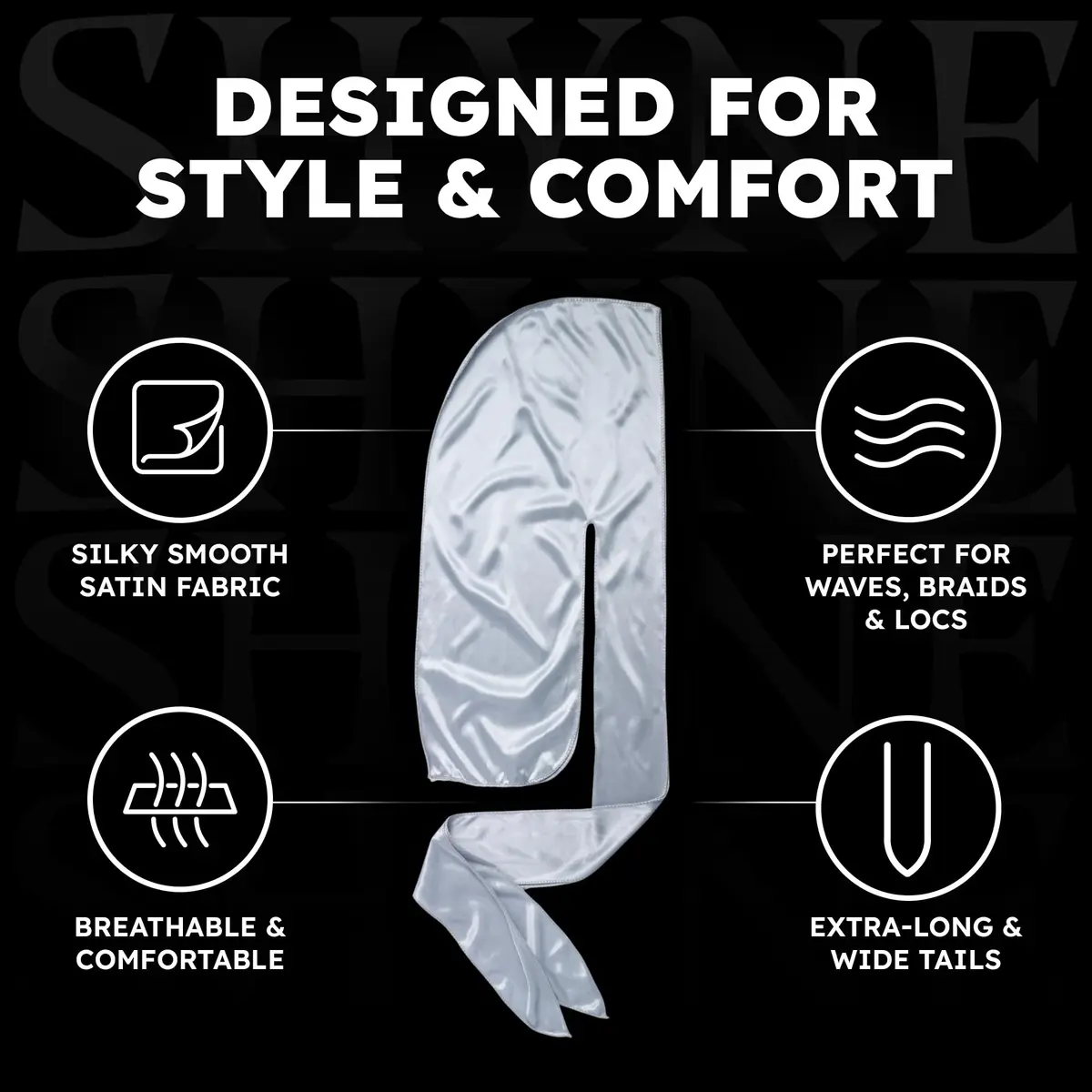 ShyneDurags Silky Durag - Silver | Perfect for Waves, Braids & Locs | Premium Silk Du Rags for Men & Women | Wide & Long Tail | Ultra-Soft & Wrinkle Free Satin - view 4