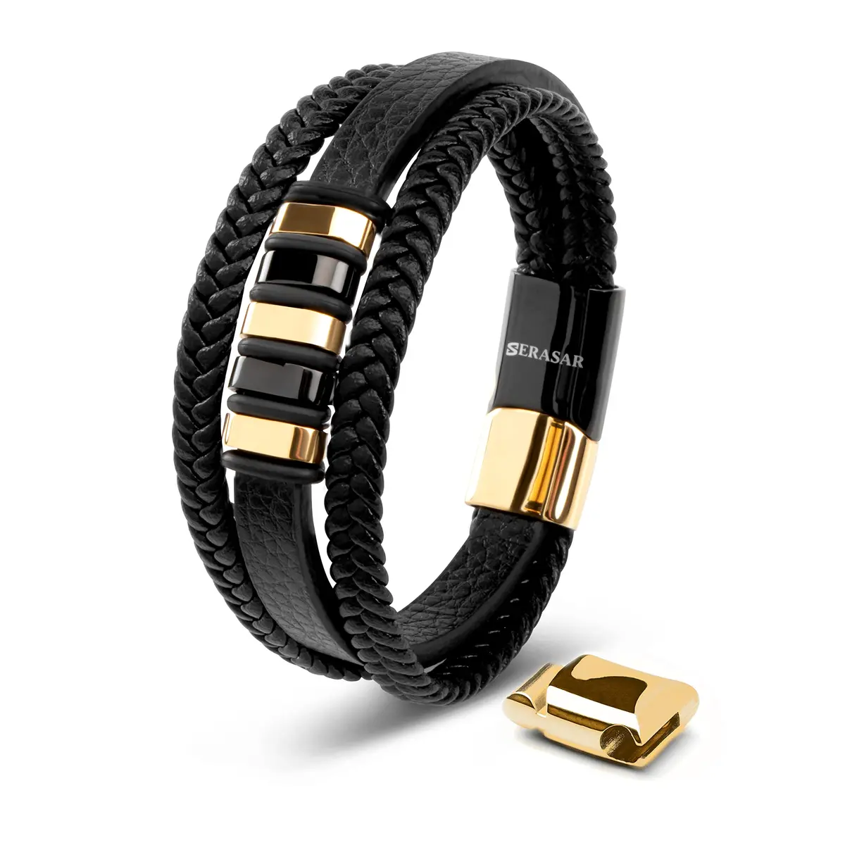 SERASAR Black Leather Men Bracelet with Gold Steel Accents & Magnetic Clasp, 17cm (6.75") | Braided Wrap Style - main product image
