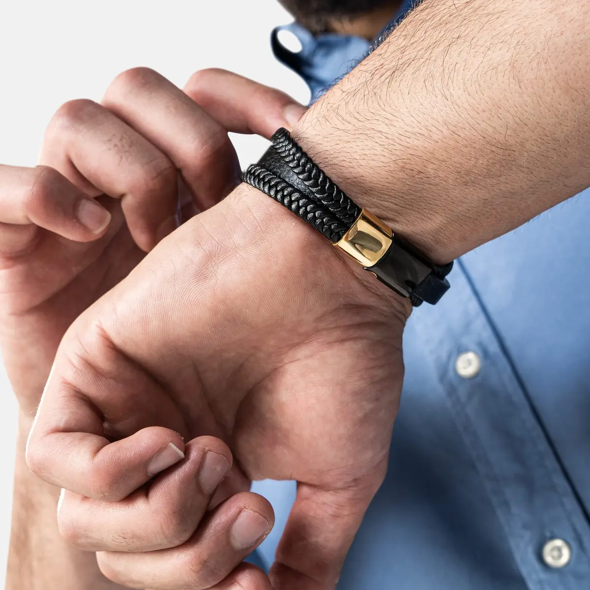 SERASAR Black Leather Men Bracelet with Gold Steel Accents & Magnetic Clasp, 17cm (6.75") | Braided Wrap Style - view 5