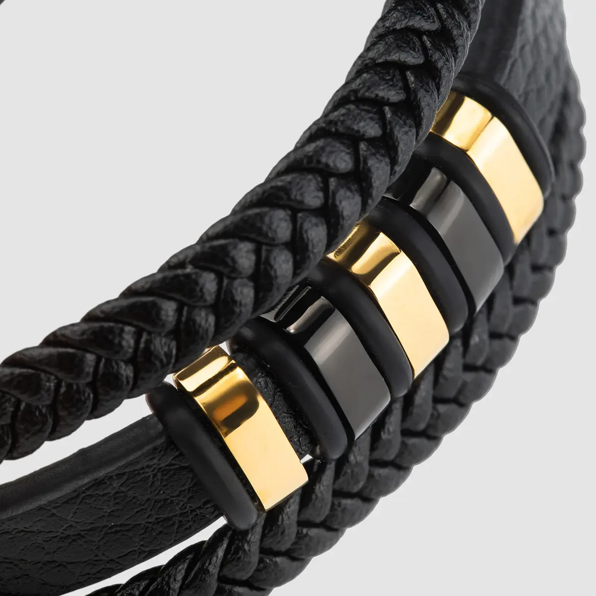 SERASAR Black Leather Men Bracelet with Gold Steel Accents & Magnetic Clasp, 17cm (6.75") | Braided Wrap Style - view 8