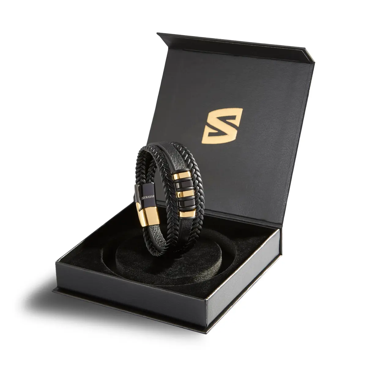 SERASAR Black Leather Men Bracelet with Gold Steel Accents & Magnetic Clasp, 17cm (6.75") | Braided Wrap Style - view 2