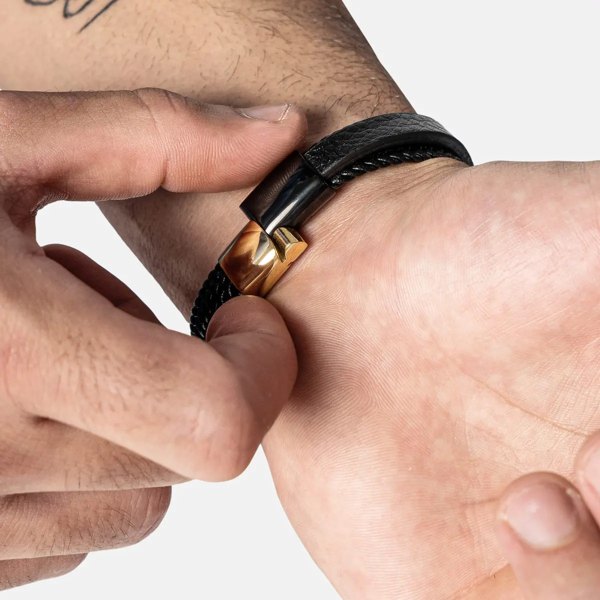 SERASAR Black Leather Men Bracelet with Gold Steel Accents & Magnetic Clasp, 17cm (6.75") | Braided Wrap Style - view 4