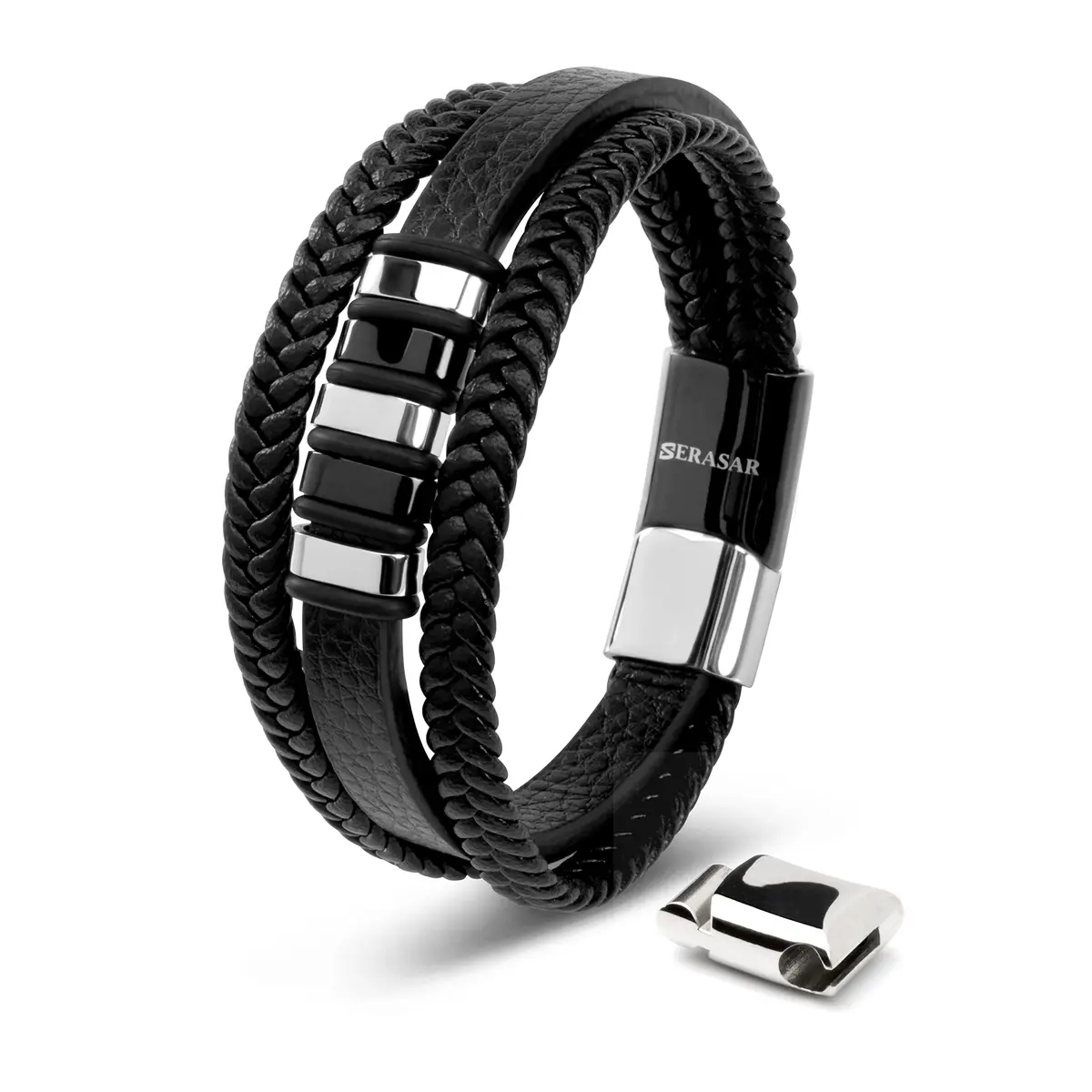 SERASAR Braided Leather Bracelet with Stainless Steel Clasp for Men | 17 cm (6.75 inch) - main product image
