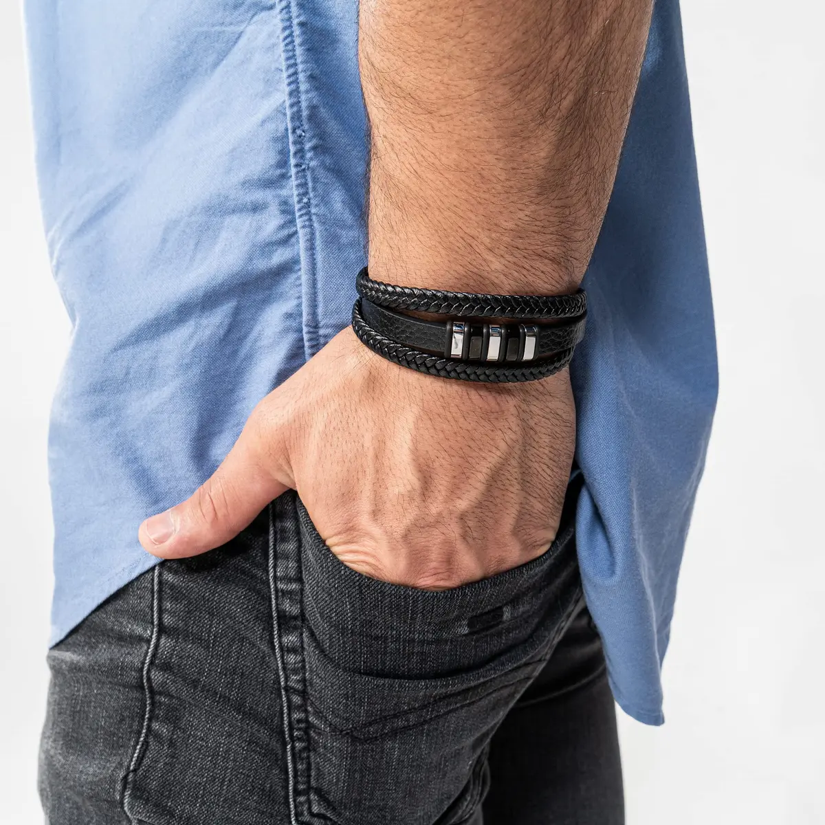 SERASAR Braided Leather Bracelet with Stainless Steel Clasp for Men | 17 cm (6.75 inch) - view 5