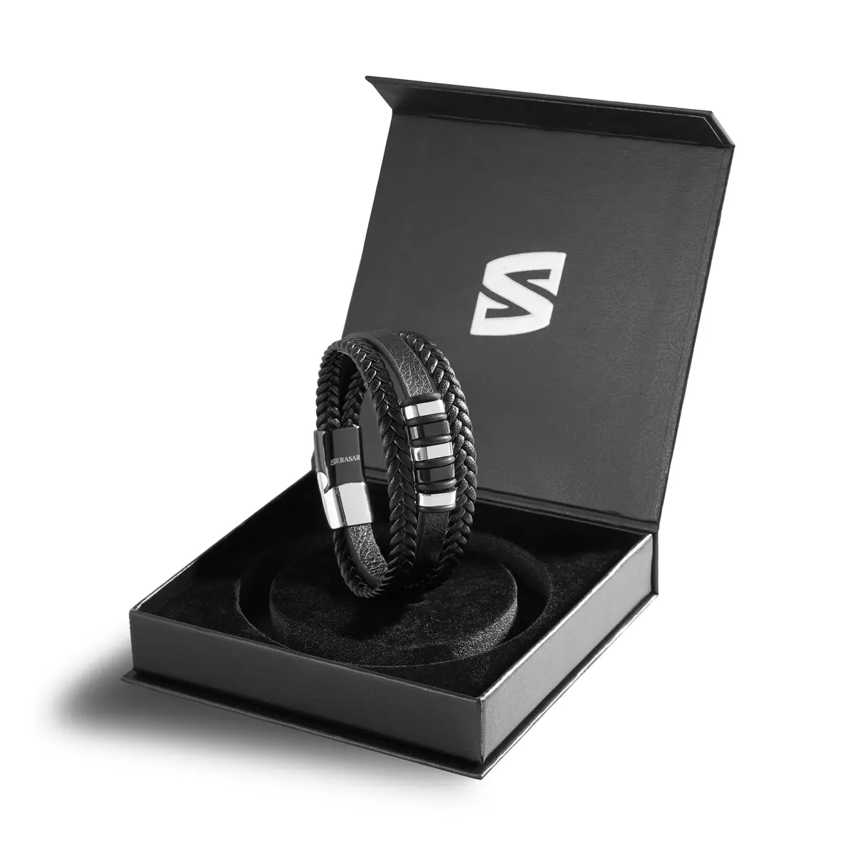 SERASAR Braided Leather Bracelet with Stainless Steel Clasp for Men | 17 cm (6.75 inch) - view 2